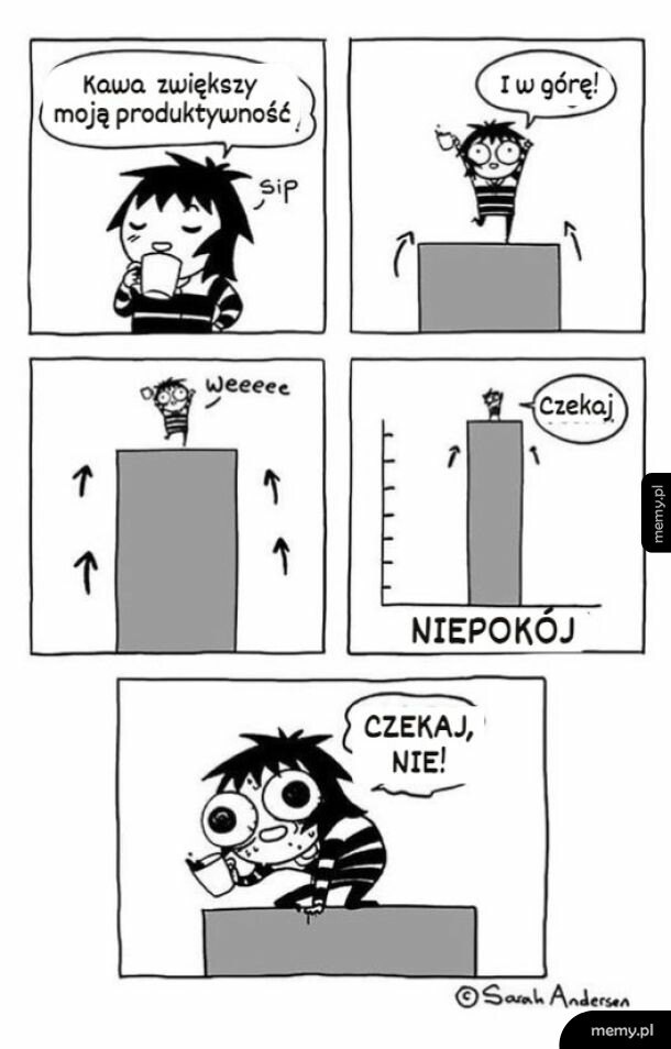Komiks Sarah Andersen o kawie i nagłym wzroście niepokoju.