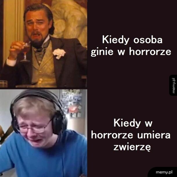 Mem z Leonardo DiCaprio pijącym szampana oraz płaczącym chłopakiem w słuchawkach.