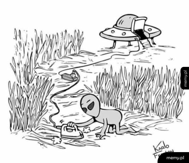 Kosmita prasujący pole zboża za pomocą żelazka podłączonego do UFO.