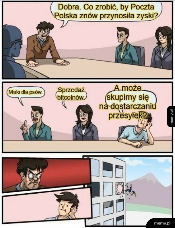 Mem z naradą w biurze i wyrzucaniem pracownika przez okno w kontekście Poczty Polskiej