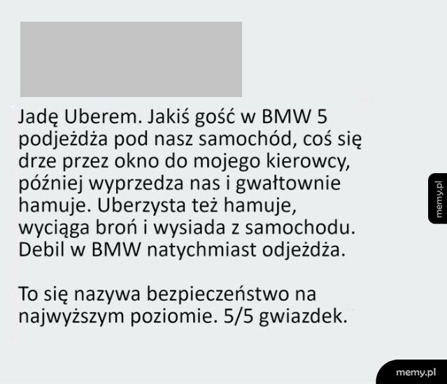 Tekstowy mem o sytuacji z Uberem i kierowcą BMW