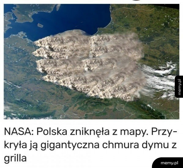 Satelitarne zdjÄ™cie Polski przykrytej gigantycznÄ… chmurÄ… dymu.