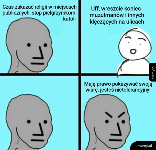 Czteropanelowy mem z postaciami NPC przedstawiający hipokryzję poglądów na religię w przestrzeni publicznej.