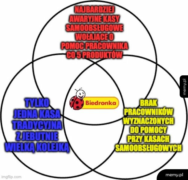 Diagram Venna z logo Biedronki i opisem problemów z kasami w sklepie.