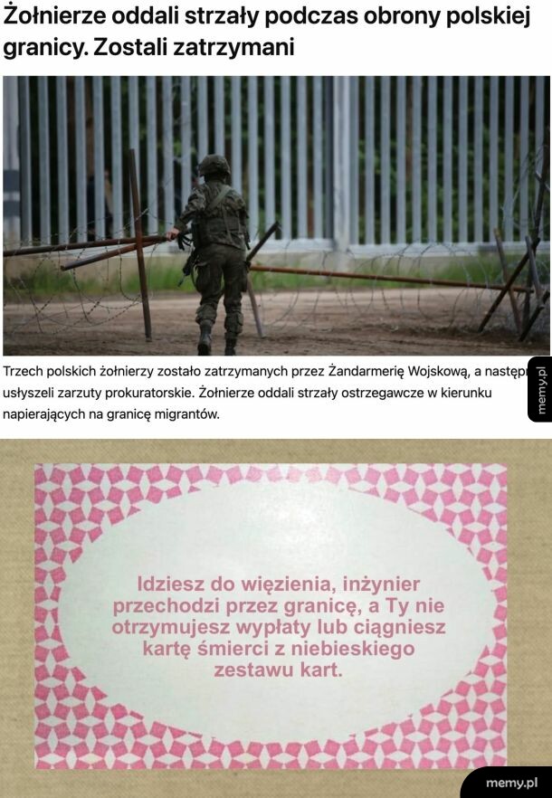 Mem nawiązujący do zatrzymania żołnierzy na granicy w formie karty z gry.