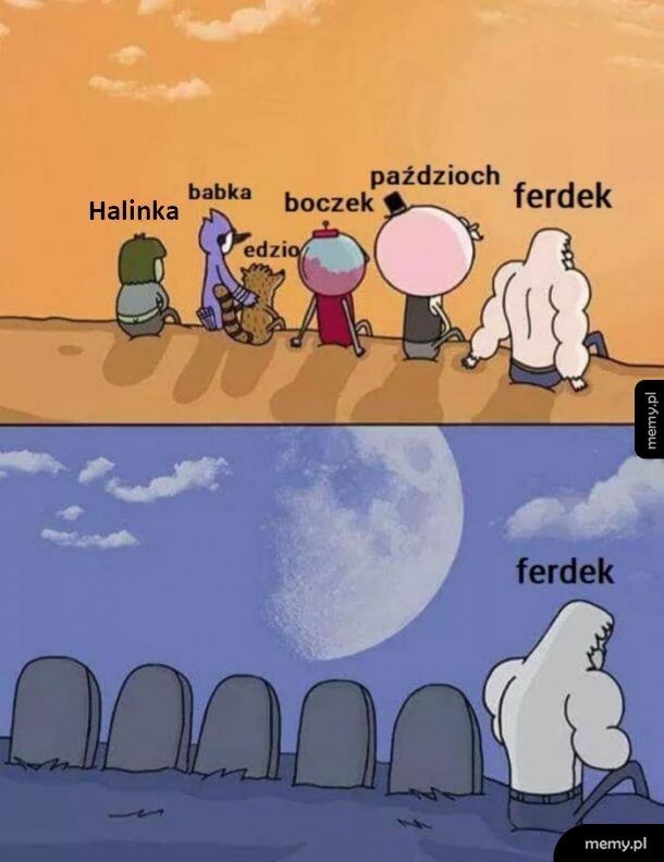 Bohaterowie Zwykłego serialu jako postacie ze Świata według Kiepskich siedzący na wzgórzu.