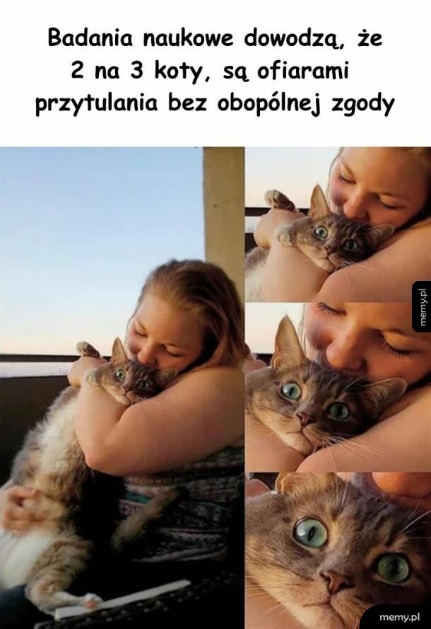 Kobieta mocno przytula kota, który ma przerażoną minę.