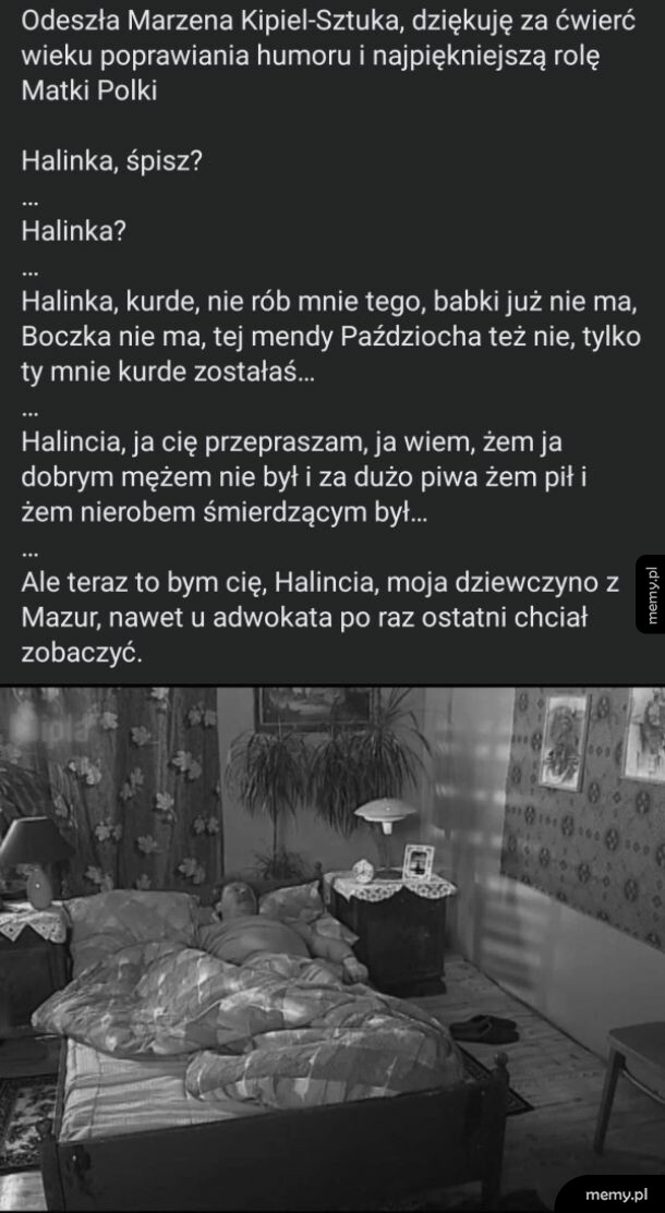 Kadr z serialu Kiepscy przedstawiający leżącego w łóżku Ferdka oraz tekst wspominkowy.