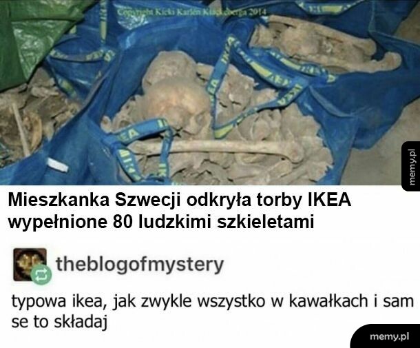 Niebieskie torby IKEA wypełnione ludzkimi szczątkami i czaszkami.