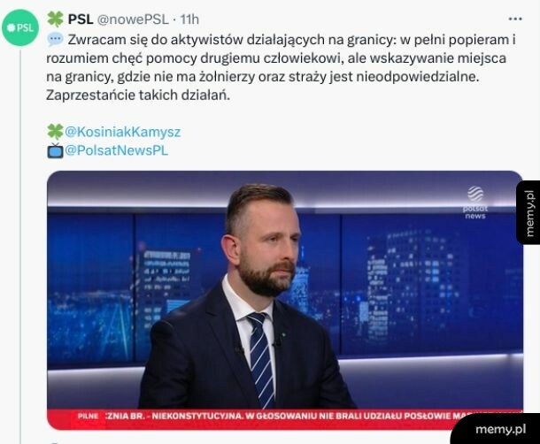 Wpis polityka na Twitterze oraz kadr z telewizji z Władysławem Kosiniakiem-Kamyszem.