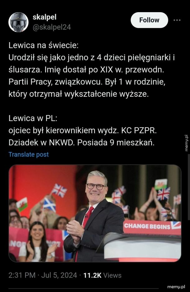 Mem porównujący lewicę na świecie i w Polsce na przykładzie pochodzenia polityków.
