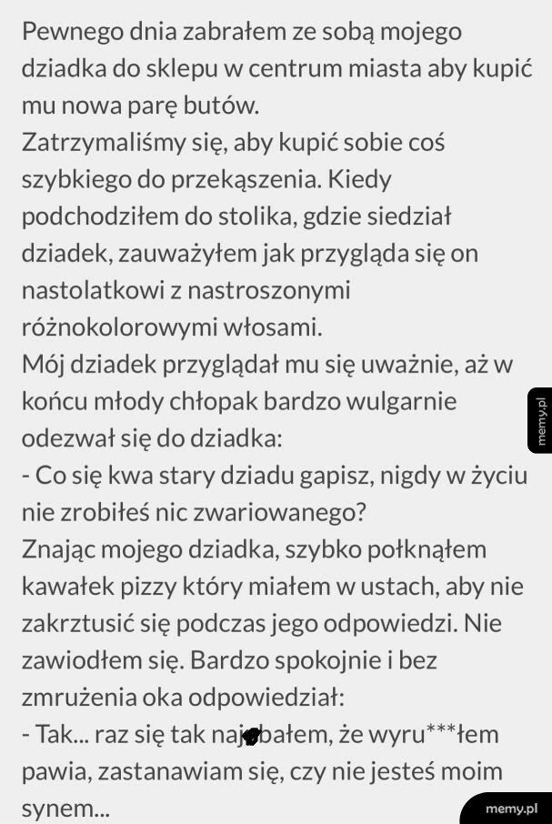 Tekst memu opowiadający o spotkaniu dziadka z kolorowym nastolatkiem.