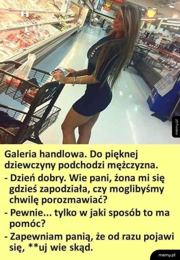 Atrakcyjna kobieta w sklepie i żart o zazdrosnej żonie w dowcipnym tekście poniżej.