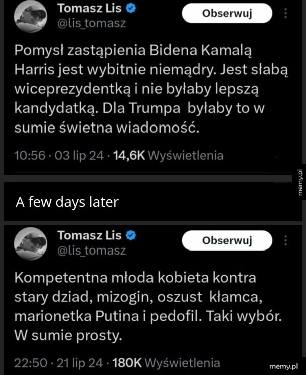 Zrzut ekranu przedstawiający dwa sprzeczne tweety Tomasza Lisa na temat Kamali Harris.