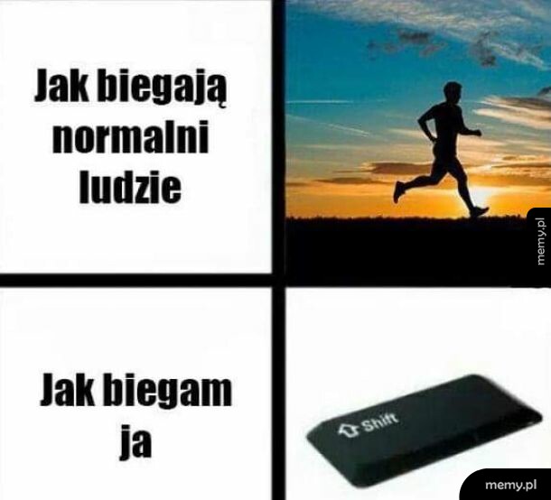 Mem porównujący bieg normalnych ludzi do biegania gracza komputerowego za pomocą klawisza Shift.