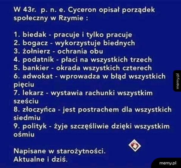Niebieski mem z tekstem o porządku społecznym w starożytnym Rzymie opisanym przez Cycerona.