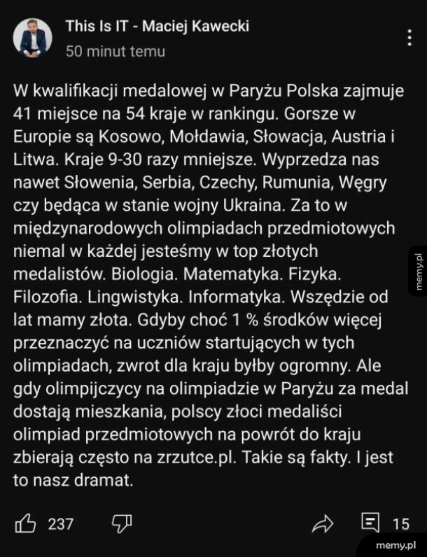 Zrzut ekranu wpisu Macieja Kaweckiego o polskich sportowcach i olimpijczykach.