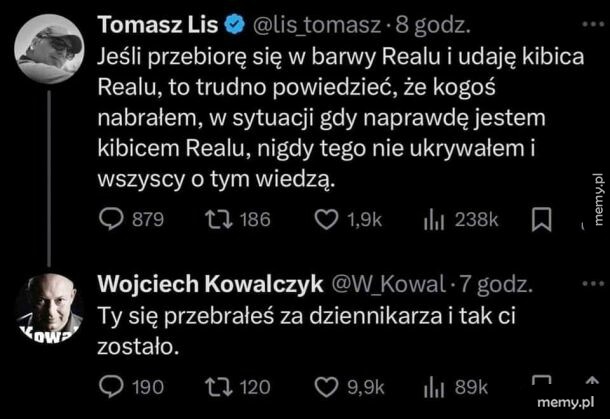 Zrzut ekranu z Twittera przedstawiający wymianę zdań między Tomaszem Lisem a Wojciechem Kowalczykiem.
