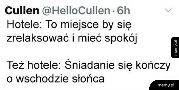 Zrzut ekranu z wpisu na Twitterze użytkownika Cullen o hotelach.