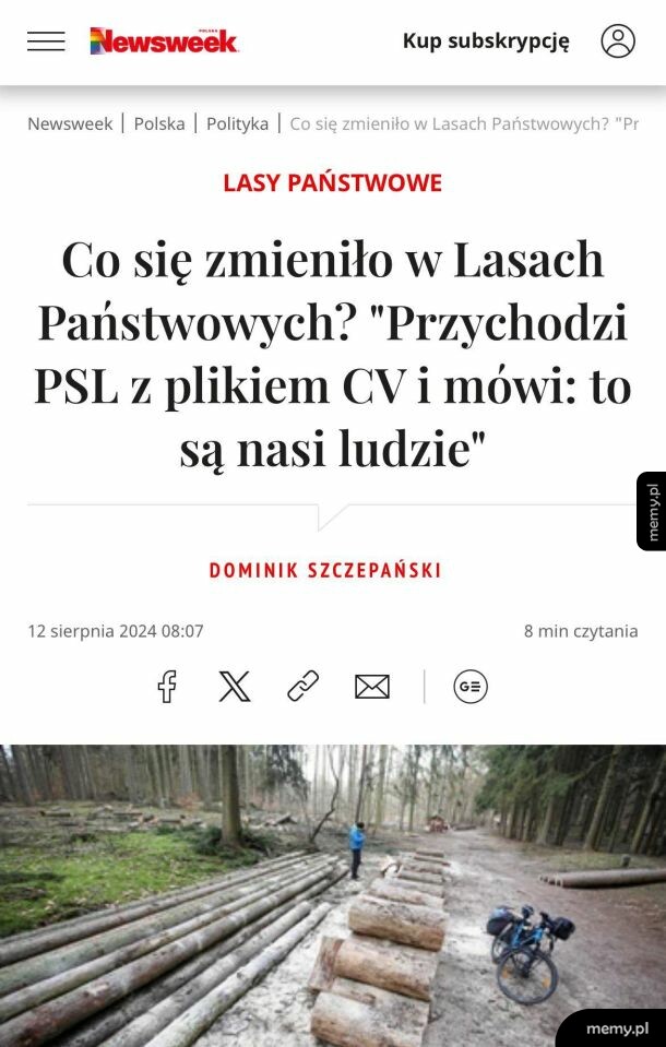 Zrzut ekranu artykułu Newsweeka o Lasach Państwowych z satyrycznym nagłówkiem o politykach PSL.