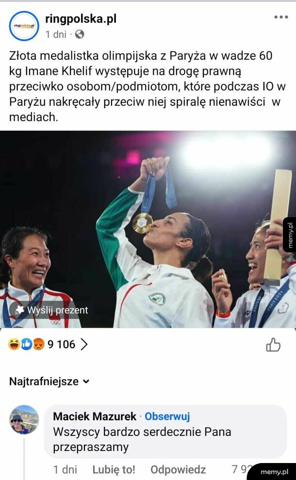 Złot medalistka Imane Khelif gryzie medal, pod spodem sarkastyczny komentarz