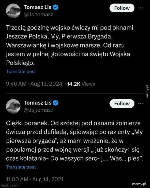 Dwa wpisy na Twitterze Tomasza Lisa o żołnierzach ćwiczących pod jego oknami.