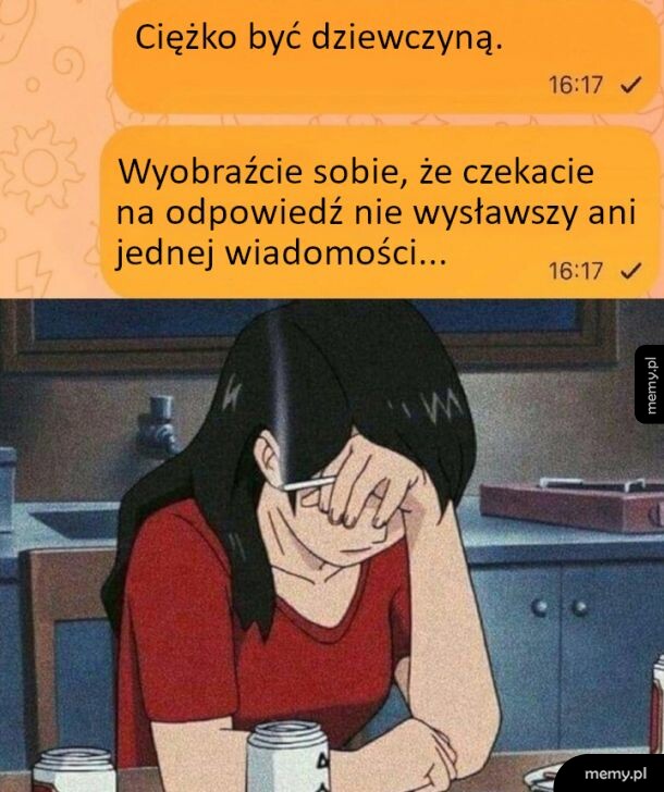 Zirytowana dziewczyna z papierosem zasłania twarz ręką, powyżej wiadomości tekstowe na żółtym tle.