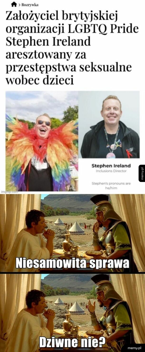 Mem z wiadomością o Stephenie Ireland i kadrami z filmu o starożytnym Rzymie.