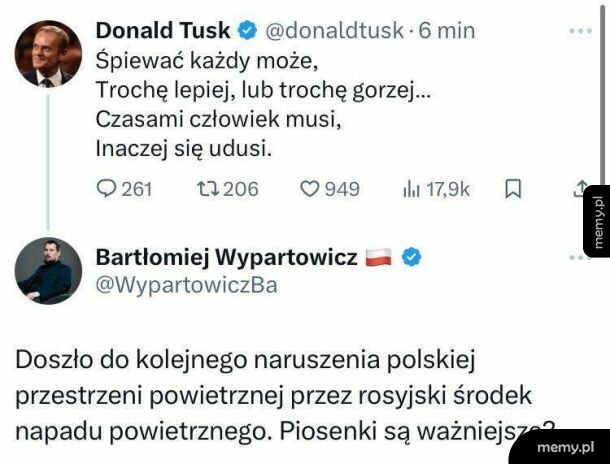 Zrzut ekranu wpisów na Twitterze między Donaldem Tuskiem a Bartłomiejem Wypartowiczem.