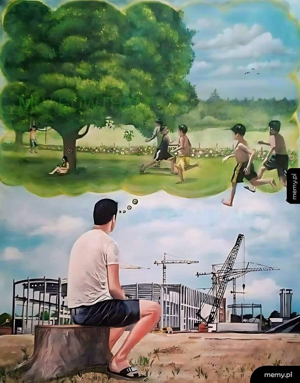 Mężczyzna siedzący na pniu i patrzący na plac budowy, wyobrażający sobie dawne podwórko.