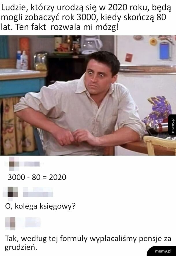 Mem z Joeym z Przyjaciół z wytrzeszczem oczu i tekst o roku 2020 i 3000.