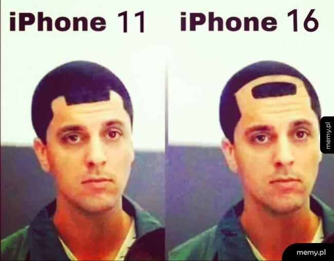 Mężczyzna z fryzurą stylizowaną na notcha iPhone'a 11 i iPhone'a 16