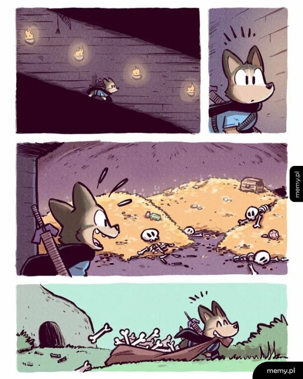 Komiks z psem odkrywającym skarby w lochu i wynoszącym same kości.