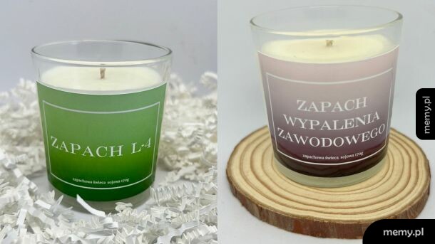 Dwie świeczki zapachowe z humorystycznymi etykietami