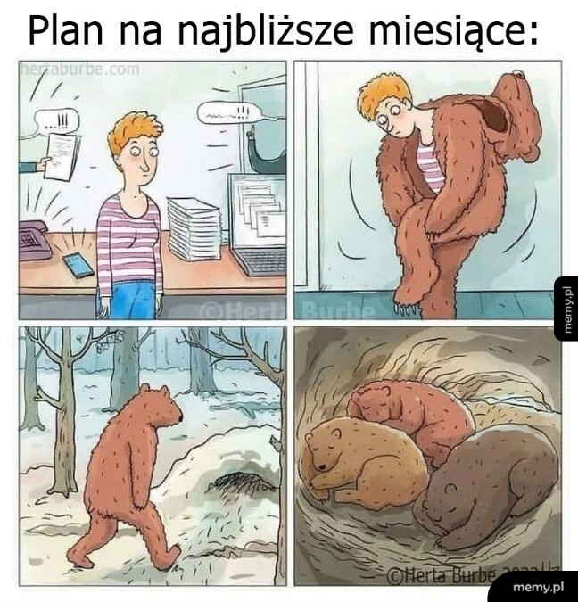 Komiks pokazujący osobę ubierającą się w strój niedźwiedzia, by zasnąć w gawrze.