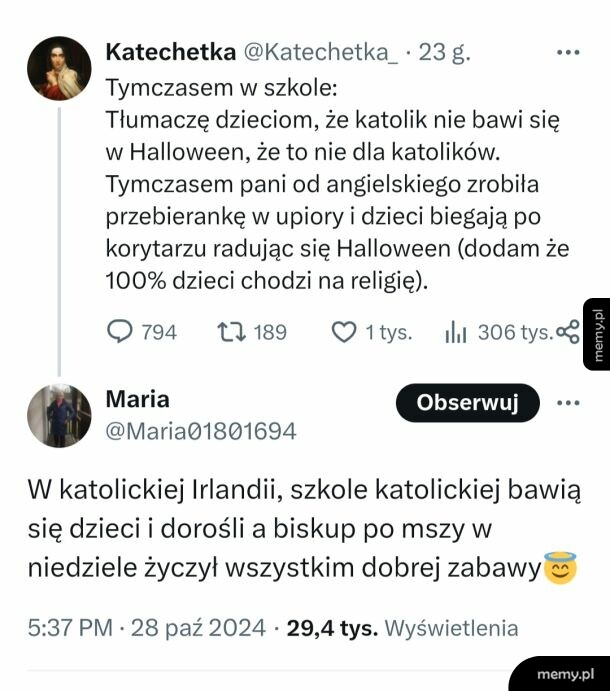 Zrzut ekranu z wpisami na Twitterze dotyczącymi Halloween w szkole