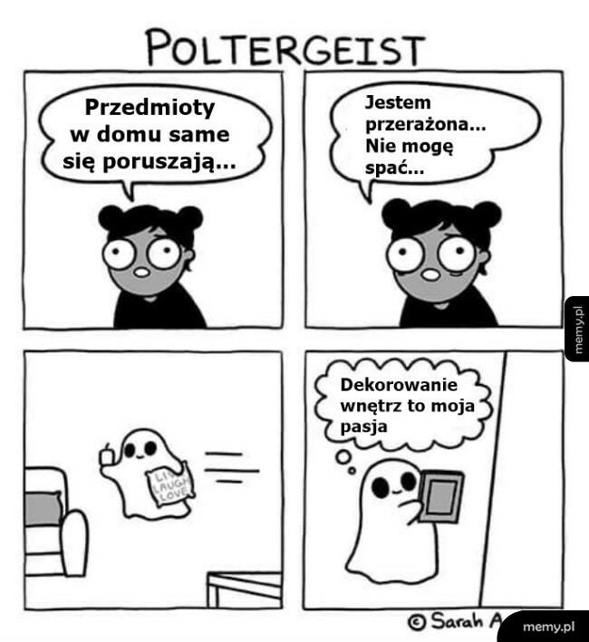 Komiks o poltergeiscie przestawiający duch przestawiający meble i dekorujący dom.