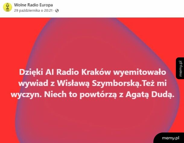 Mem z tekstem na czerwonym tle o sztucznej inteligencji i Radiu Kraków.