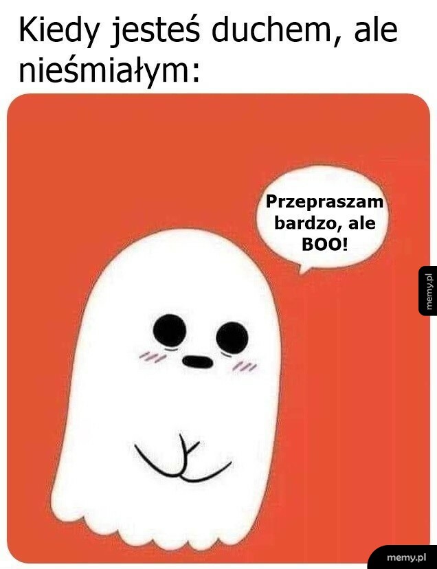 Rysunkowy, nieśmiały duch na pomarańczowym tle z dymkiem dialogowym.