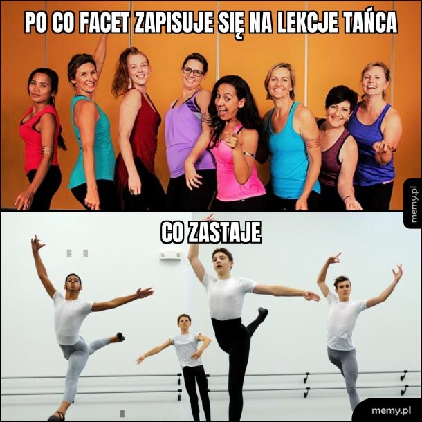 Mem z dwiema częściami: grupa kobiet i grupa tańczących mężczyzn.