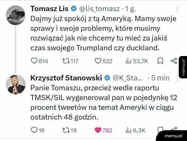 Zrzut ekranu z Twittera przedstawiający wymianę zdań między Tomaszem Lisem a Krzysztofem Stanowskim.