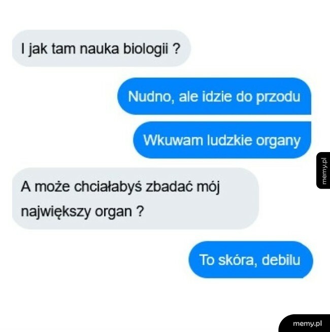 Zrzut ekranu przedstawiający rozmowę tekstową na temat nauki biologii.
