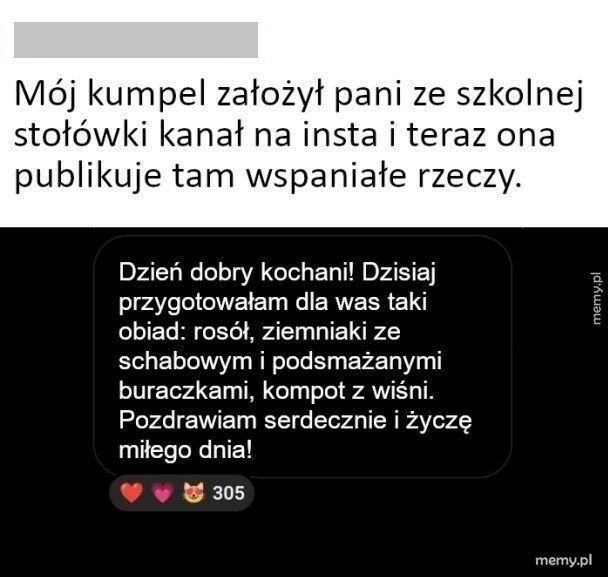 Tekst o pani ze stołówki na Instagramie i jej rzekomy post z obiadem.
