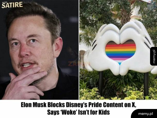 Elon Musk i ręce Myszki Miki układające kształt serca z tęczową flagą.
