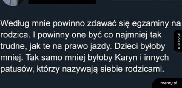 Zrzut ekranu z tekstem o egzaminach na rodzica i braku patusów