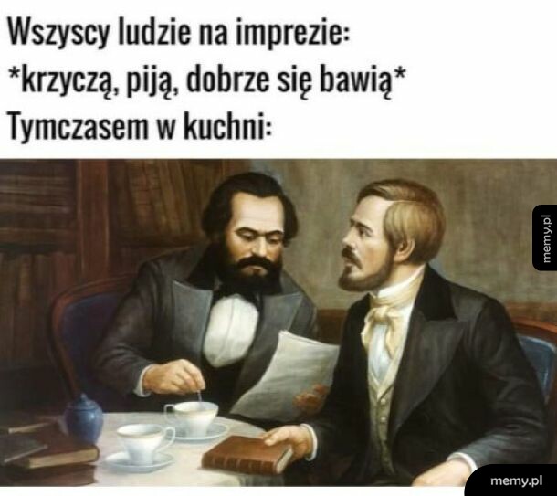 Mężczyźni w XIX-wiecznych strojach rozmawiający przy stole z filiżankami kawy.