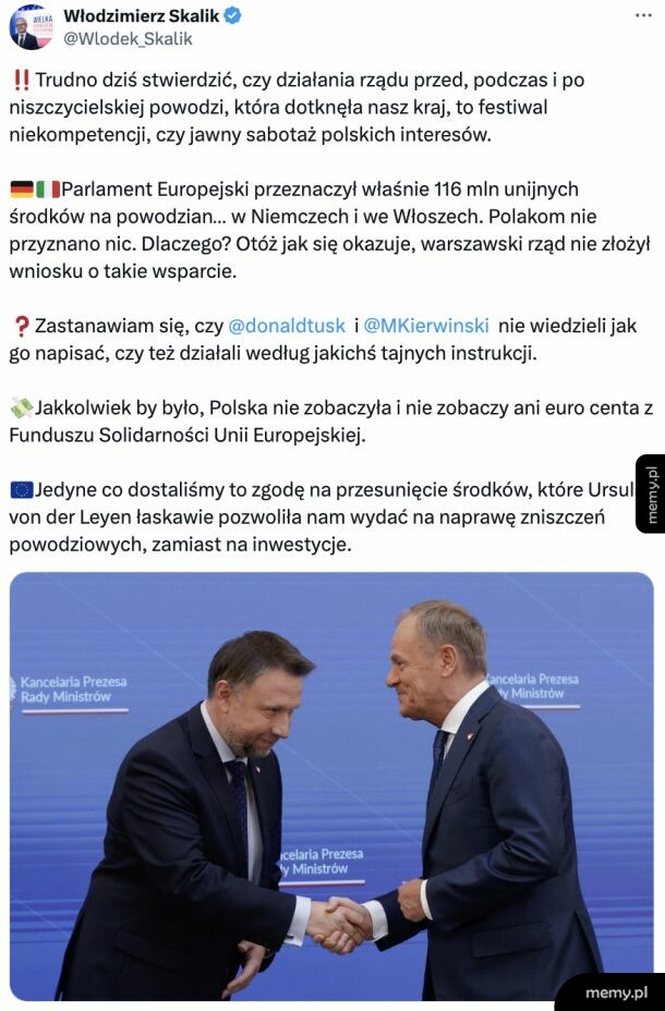 Wpis polityka krytykujący rząd za brak wniosku o środki powodziowe z UE i zdjęcie polityków.