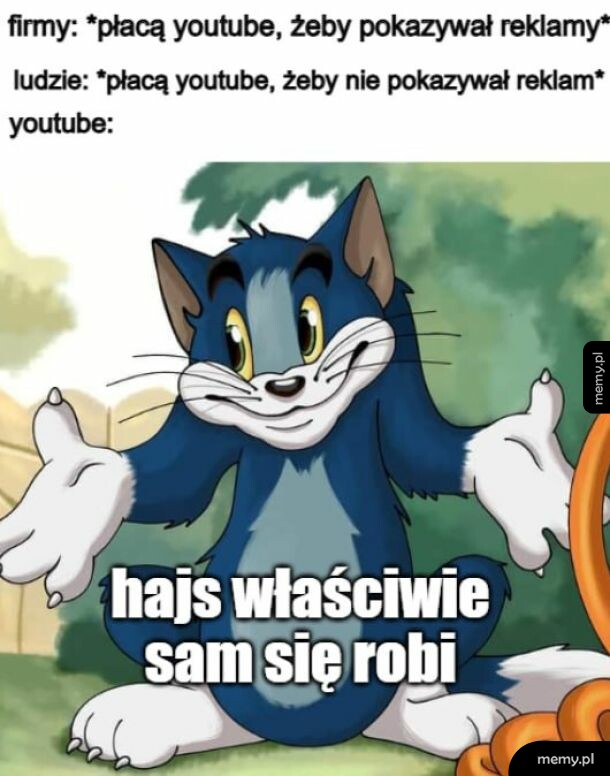 Kot Tom z bajki Tom i Jerry wzrusza ramionami zadowolony.