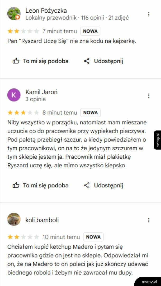 Zrzut ekranu z negatywnymi opiniami o sklepie i pracowniku Ryszard Uczę się