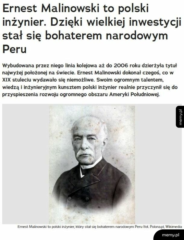 Portret Ernesta Malinowskiego na tle tekstu o jego osiągnięciach.